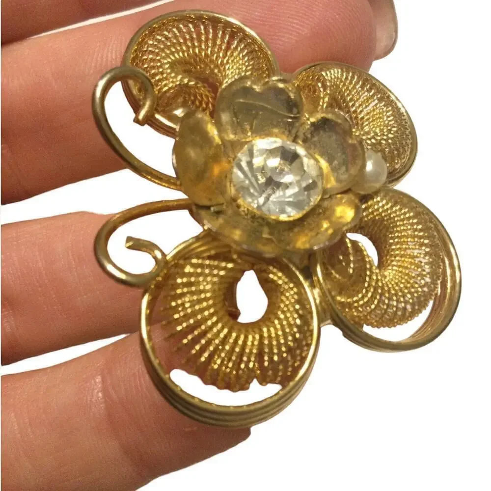 Vtg Butterfly‎ brooch wire pin gold gem rhinestone MCM fashion jewelry granola
